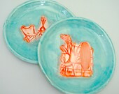 Mid Century Modern plates, small plates, Mad Men cocktail plates, hand painted plates, dessert plates, Decorative Plates, aqua coral