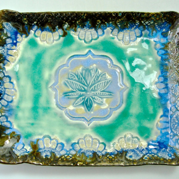 Rectangle Serving tray, Salad Plate, Small Ceramic Platter, lotus flower Platter,  appetizer serving plate, Sushi platter, blue,brown, green