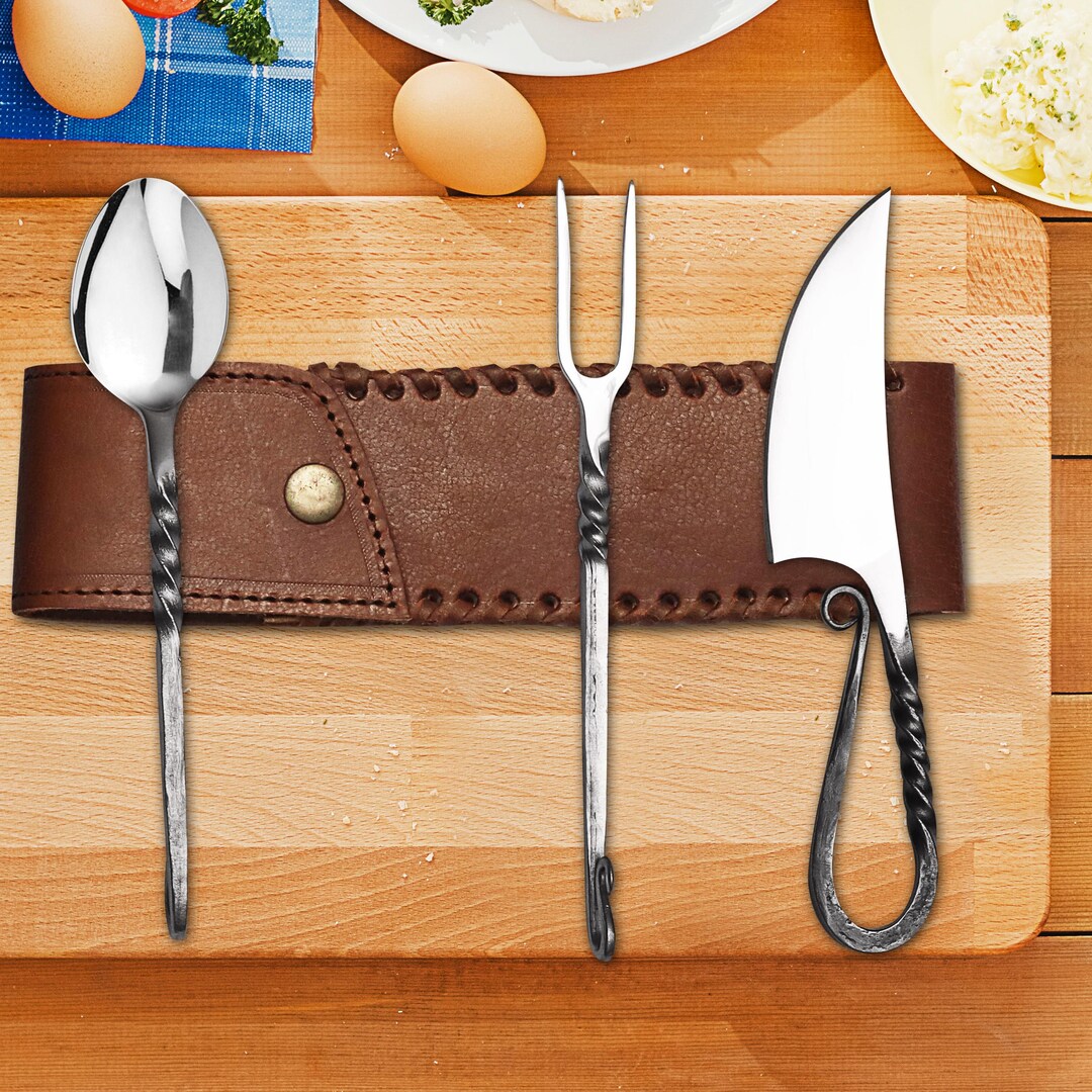 Midevil Hand Rails Hand Forged Rail Iron Cutlery Set: Medieval Viking Style With Leather ...