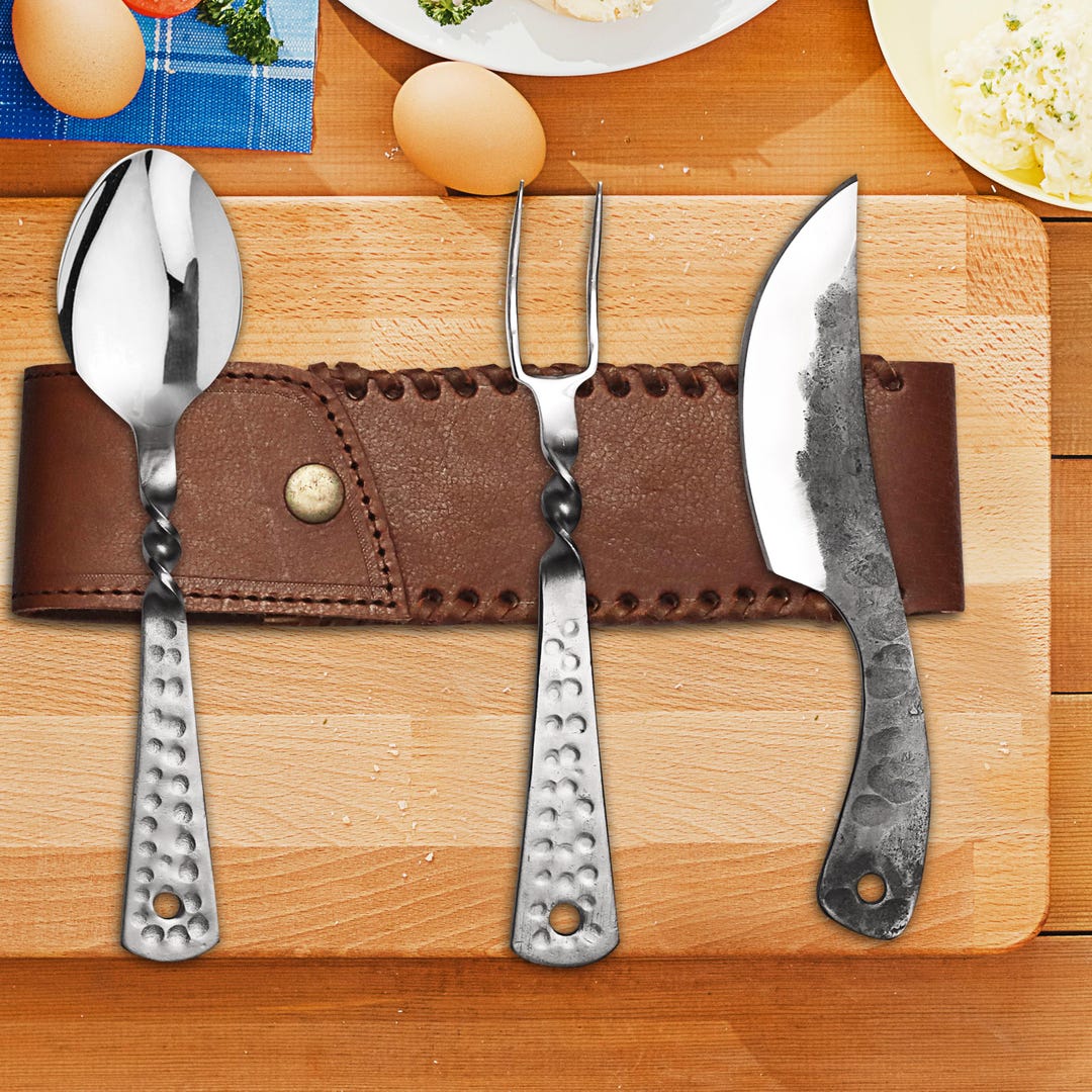 Midevil Hand Rails Hand Forged Rail Iron Cutlery Set: Medieval Viking Style With Leather ...