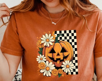 Comfort Colors® Boho Fall Floral Shirt, Autumn Vibes Long Sleeve T-Shirt, Pumpkin Season Graphic Shirts, Retro Checkerboard Pumpkin Tee
