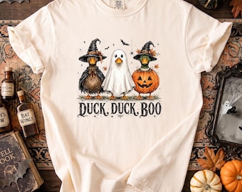 Comfort Colors® Duck Duck Boo Halloween Shirt, Spooky Season Shirt, Funny Goose Pumpkin Tee, Retro Witch Ghost Pumpkin Goose Shirt, Gift