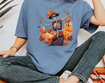 Comfort Colors® Dancing Skeleton Fall Shirt, Retro Halloween Shirt, Womens Halloween Shirt, Cute Fall Shirt, Spooky Season Long Sleeve Tee