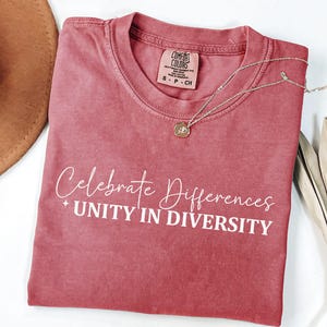 Könnte beinhalten: Ein staubrosa Comfort Colors T-Shirt mit den Worten "Celebrate Differences" und "Unity in Diversity" in weißer Schrift. Eine silberne Halskette mit einem kleinen Anhänger liegt auf dem Shirt. Das Shirt ist Größe S-P-CH.