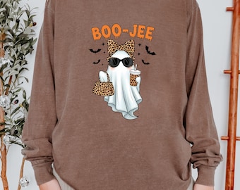 Comfort Colors® Boo-Jee Ghost Shirt, Leopard Ghost Tee, Ghost Coffee T-Shirt, Ghost Tee, Girly Halloween Gift, Boojee long sleeve Shirt