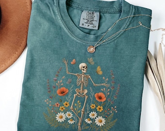 Comfort Colors Skeleton Dancing Arabesque Wildflower Botanical Floral Cottagecore Nature Lover Illustrative Women's T-shirt