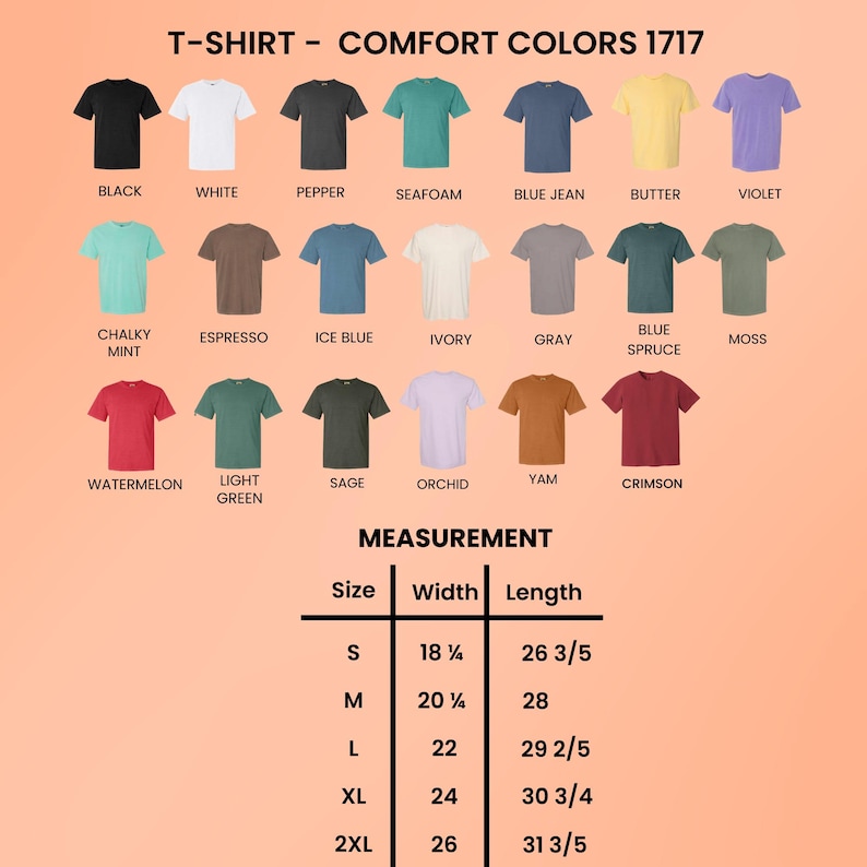May include: A product display featuring Comfort Colors 1717 t-shirts in various colours, including black, white, and violet. Measurements are provided for sizes S to 2XL, with widths ranging from 46.36 cm to 66.04 cm and lengths from 67.63 cm to 80.96 cm.