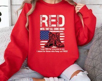 Sudadera "We wear Red Remember Everyone Deployed", camiseta de veterano estadounidense con la bandera estadounidense, camiseta militar con la bandera estadounidense, camiseta "El viernes usamos rojo"