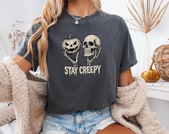Stay Creepy Shirt, Comfort Colors Womens Halloween Long Sleeve Tee, Cute Skeleton Tee, Funny Halloween Outfit, Skull Tee Spooky Season Shirt