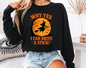 Funny Halloween Shirt, Comfort Colors® Witch Driving Stick Long Sleeve Tee, Women's Halloween Party Tee