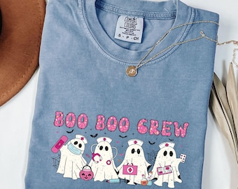 Ghost Nurse Halloween Shirt, Comfort Colors® Halloween Nurse Shirt, Spooky Nurse Shirt, Halloween Nurse Gift, Nurse Boo Crew Long sleeve Tee