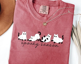 Spooky Season Ghost Cat Shirt, Comfort Colors Spooky Ghost Cat Graphic Tee, Funny Introvert Halloween Coffee Lover Gift Long Sleeve Tee