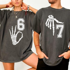Comfort Colors® 6 7 Meme Shirt, Funny Skeleton Hands Tee, Halloween Couples Shirt, Trendy Shirt, Six Seven Tshirt, 67 Couple Long Sleeve Tee