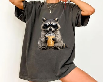 Raccoon Drinking Iced Coffee Shirt, Funny Animal Meme Tee, Coffee Lover Raccoon Long Sleeve Tee, Comfort Colors Tshirt, Unisex Graphic Shirt