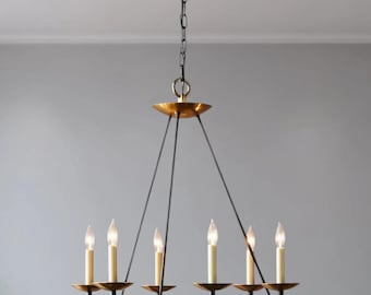 Mid Century Brass 6-Light Candle Chandelier | Rustic Pendant Light Fixture