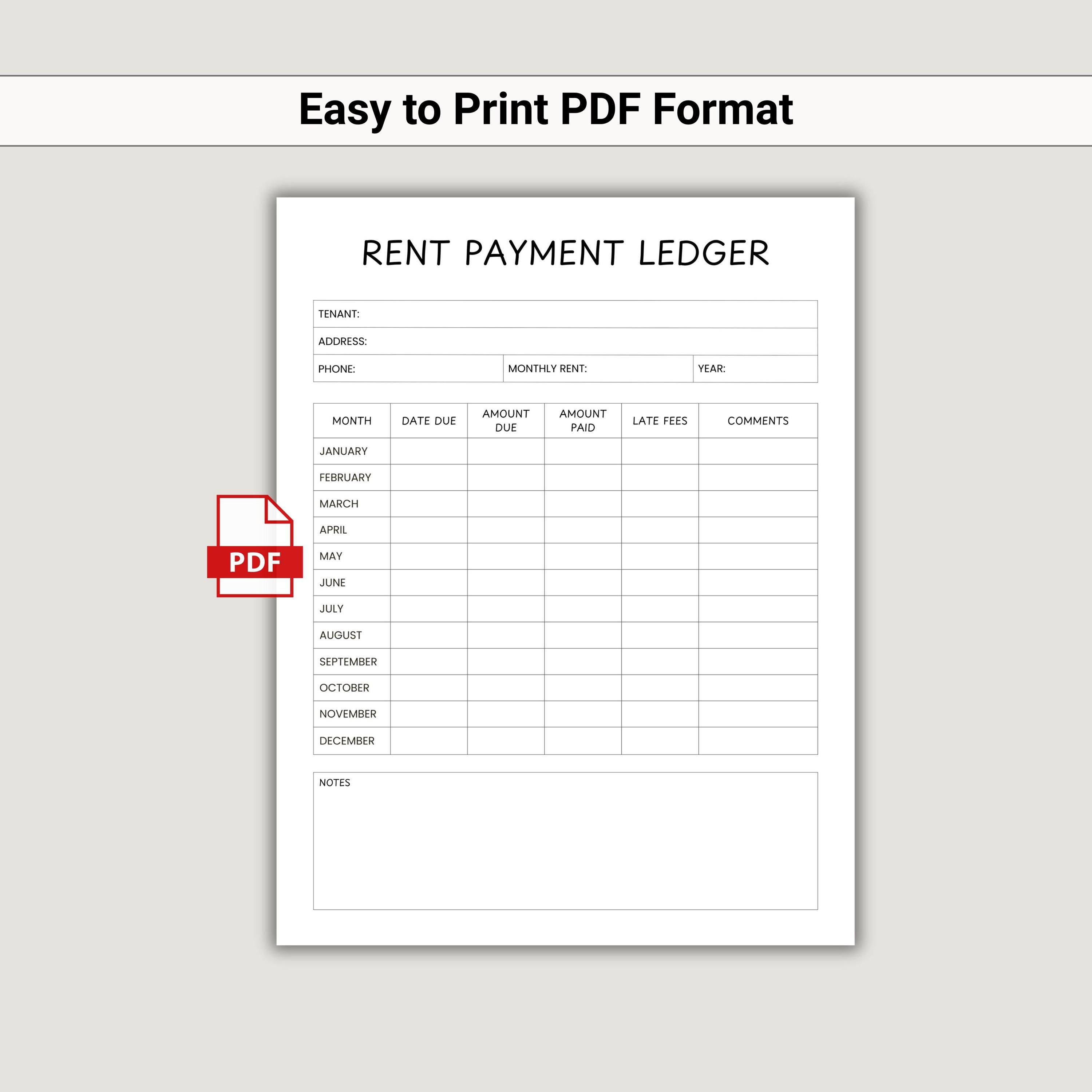 Rent Payment Ledger Printable, Rental Tracker Sheet, Monthly Rent Log ...