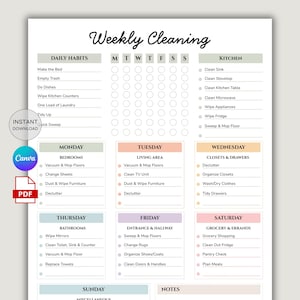Può includere: Un programma di pulizia settimanale stampabile con sezioni per le abitudini quotidiane, la cucina, le camere da letto, il soggiorno e i bagni. Il programma include il testo "Weekly Cleaning" in alto e i loghi Canva e PDF sono visibili.