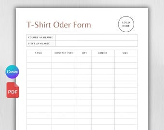 Plantilla editable de formulario de pedido de camisetas. Formulario de pedido imprimible para pequeñas empresas. Formulario de orden de compra. Descarga instantánea editable en Canva y PDF.