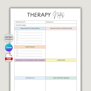 Puede incluir: Una plantilla de notas de terapia blanca con el título "THERAPY Notes" en negro. La plantilla incluye secciones para los detalles de la sesión, los puntos principales de discusión, los objetivos del cliente, los recursos, el plan de acción y la tarea. También son visibles las palabras "INSTANT DOWNLOAD", "Canva" y "PDF".
