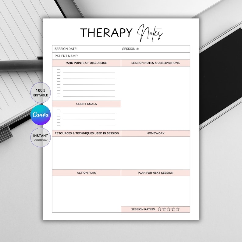 Therapy Session Notes Template | Editable Therapy Notes | Counseling ...