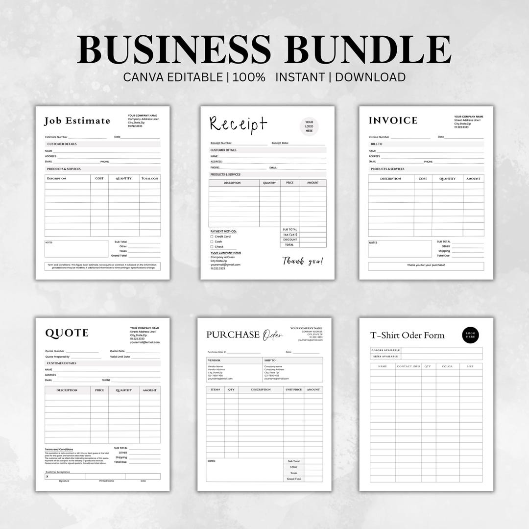 Small Business Forms Bundle Canva Editable | Invoice Receipt Quote ...