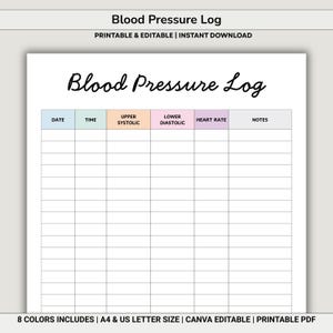 以下が含まれることがあります： 手書きフォントの「Blood Pressure Log」というタイトルの印刷可能な血圧記録。記録には、日付、時間、最高血圧、最低血圧、心拍数、メモの列が含まれています。上部のテキストは「PRINTABLE & EDITABLE | INSTANT DOWNLOAD」と書かれています。