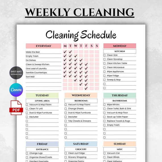Cleaning Schedule Printable, Weekly Cleaning Checklist, Editable Cleaning Planner, Daily Household Chore Chart, Canva Cleaning Template