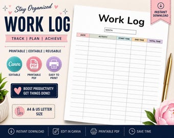 Printable Work Log Template, Employee Timesheet, Work Hours Tracker, Editable Canva Template, Daily Time Sheet PDF, Instant Download