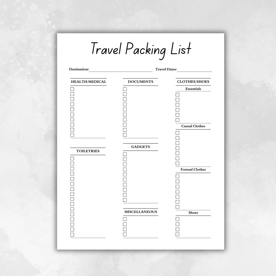 Travel Packing List Printable | Vacation Packing Checklist | Travel ...
