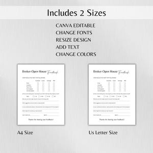 May include: Two white paper templates for a Broker Open House Feedback form. The forms include rating scales and prompts for feedback. Text on the image includes "Includes 2 Sizes", "CANVA EDITABLE", and "A4 Size" and "US Letter Size".