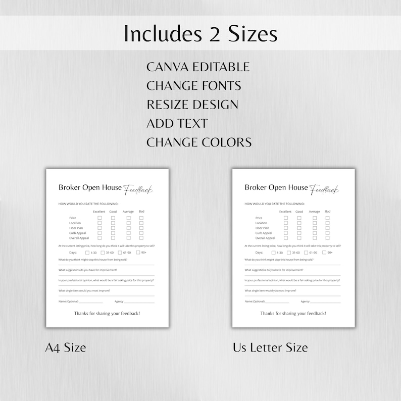 May include: Two white paper templates for a Broker Open House Feedback form. The forms include rating scales and prompts for feedback. Text on the image includes "Includes 2 Sizes", "CANVA EDITABLE", and "A4 Size" and "US Letter Size".