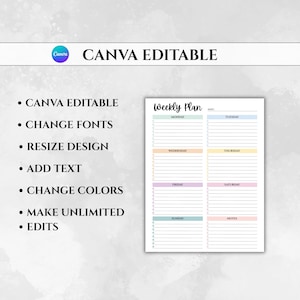 Op de afbeelding: Een witte wekelijkse planner sjabloon met pastelkleurige secties voor elke dag. De tekst "CANVA EDITABLE" staat bovenaan, met opsommingstekens die functies als "CHANGE FONTS" en "CHANGE COLORS" opsommen. Ruimte voor notities.