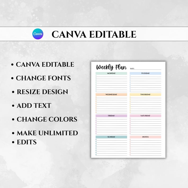 Op de afbeelding: Een witte wekelijkse planner sjabloon met pastelkleurige secties voor elke dag. De tekst "CANVA EDITABLE" staat bovenaan, met opsommingstekens die functies als "CHANGE FONTS" en "CHANGE COLORS" opsommen. Ruimte voor notities.