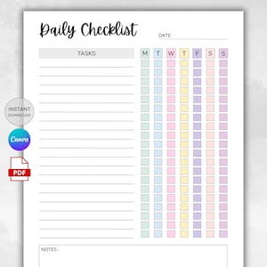 以下が含まれることがあります： 黒い筆記体で「Daily Checklist」と書かれた、印刷可能な毎日のチェックリスト。チェックリストには、タスク、日付、メモのセクションが含まれています。カラフルなボックスが週の各曜日の列に配置されています。「インスタントダウンロード」と「PDF」のアイコンが含まれています。