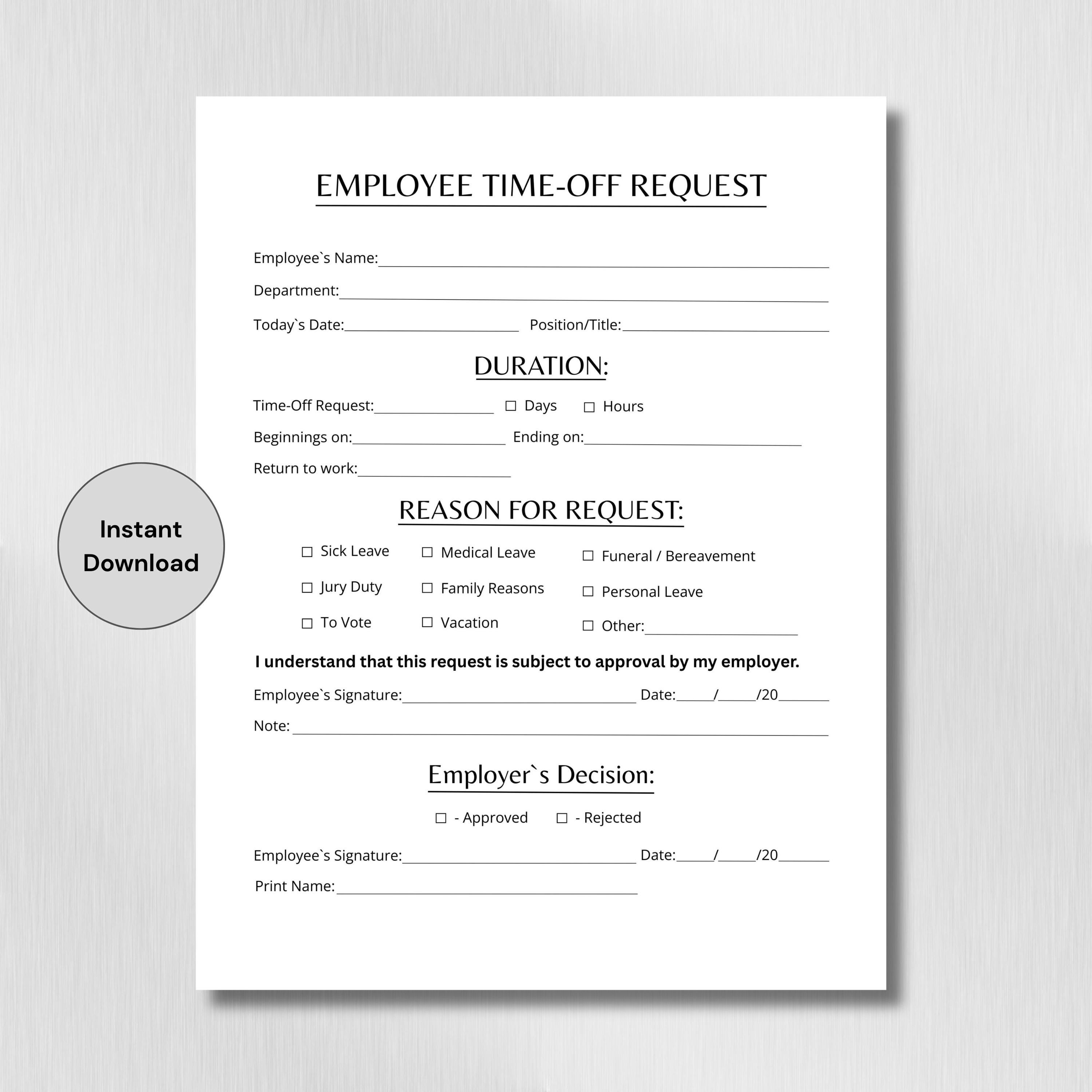 Employee Time-off Request Template. Editable Vacation Request Form ...