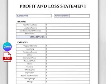 Profit and Loss Statement Template | Small Business Income Expense Tracker | Canva Editable Spreadsheet | Instant Download PDF