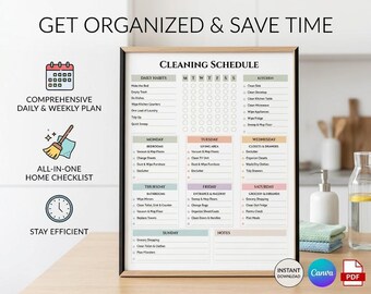 Editable Cleaning Schedule Printable, Weekly Cleaning Checklist, Canva Chore Chart Template, House Chores Planner PDF, Digital Download