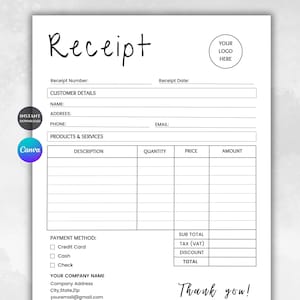 Editable Receipt Template | Printable Receipt Template | Canva Receipt | Small Business Receipt PDF | Instant Download