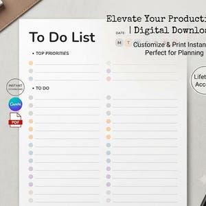 Könnte beinhalten: Eine weiße digitale To-Do-Listen-Vorlage mit schwarzem Text, die Abschnitte für Prioritäten und Aufgaben enthält. Das Layout umfasst farbige kreisförmige Aufzählungspunkte, ein Datumsfeld und den Text Elevate Your Productivity, Digital Download, Customize & Print Instantly, Perfect for Planning sowie Lifetime Access.