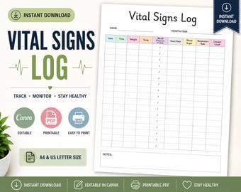 Editable Vital Signs Log Sheet Printable Daily Health Tracker Blood Pressure Log Patient Vitals Sheet Nursing Caregiver Template Canva