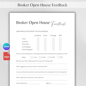 Może przedstawiać: Biały formularz Broker Open House Feedback z sekcjami do oceniania ceny, lokalizacji i wyglądu zewnętrznego. Formularz zawiera pytania dotyczące sprzedaży nieruchomości i sugestie dotyczące ulepszeń. Widoczne jest logo Canva i ikona PDF.