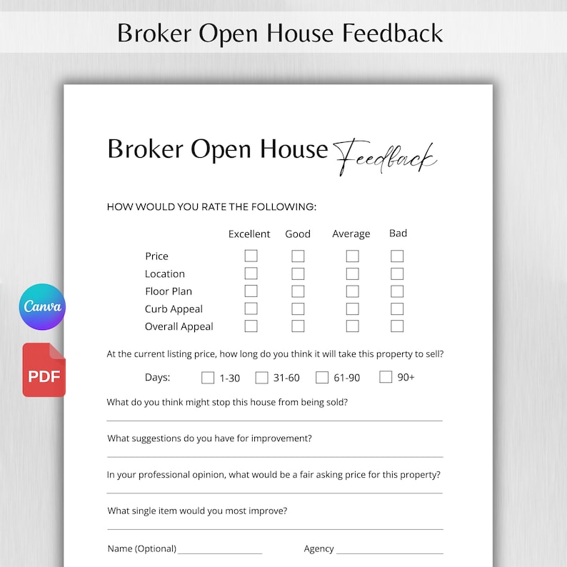 May include: A white Broker Open House Feedback form with sections for rating price, location, and curb appeal. The form includes questions about property sales and improvement suggestions. A Canva logo and PDF icon are visible.