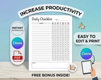 Editable Daily Checklist Printable Canva Template, Weekly Task Tracker, Habit Tracker Insert, To Do List Download, Minimalist Daily Planner