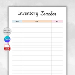 May include: A white inventory tracker template with the title "Inventory Tracker" in a handwritten font. The template includes columns for date, item, and quantity. Icons for "Instant Download", "Canva", and "PDF" are also visible.