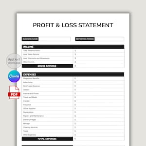 Puede incluir: Una plantilla de estado de resultados en blanco con texto negro. El documento incluye secciones para ingresos y gastos, con campos para el nombre de la empresa y el período de informe. Se ven iconos de "Descarga instantánea", Canva y PDF.