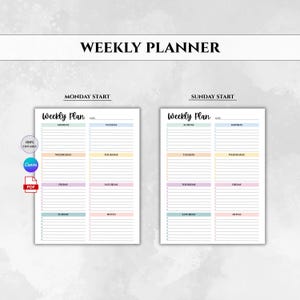 Op de afbeelding: Een weekplanner met twee lay-out opties: maandag start en zondag start. Elke plannerpagina heeft een pastel kleurenschema voor elke dag van de week, met ruimte voor notities. De tekst "WEEKLY PLANNER" staat bovenaan.
