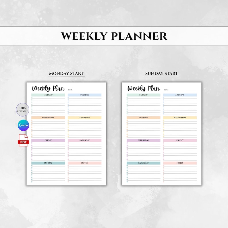 Op de afbeelding: Een weekplanner met twee lay-out opties: maandag start en zondag start. Elke plannerpagina heeft een pastel kleurenschema voor elke dag van de week, met ruimte voor notities. De tekst "WEEKLY PLANNER" staat bovenaan.