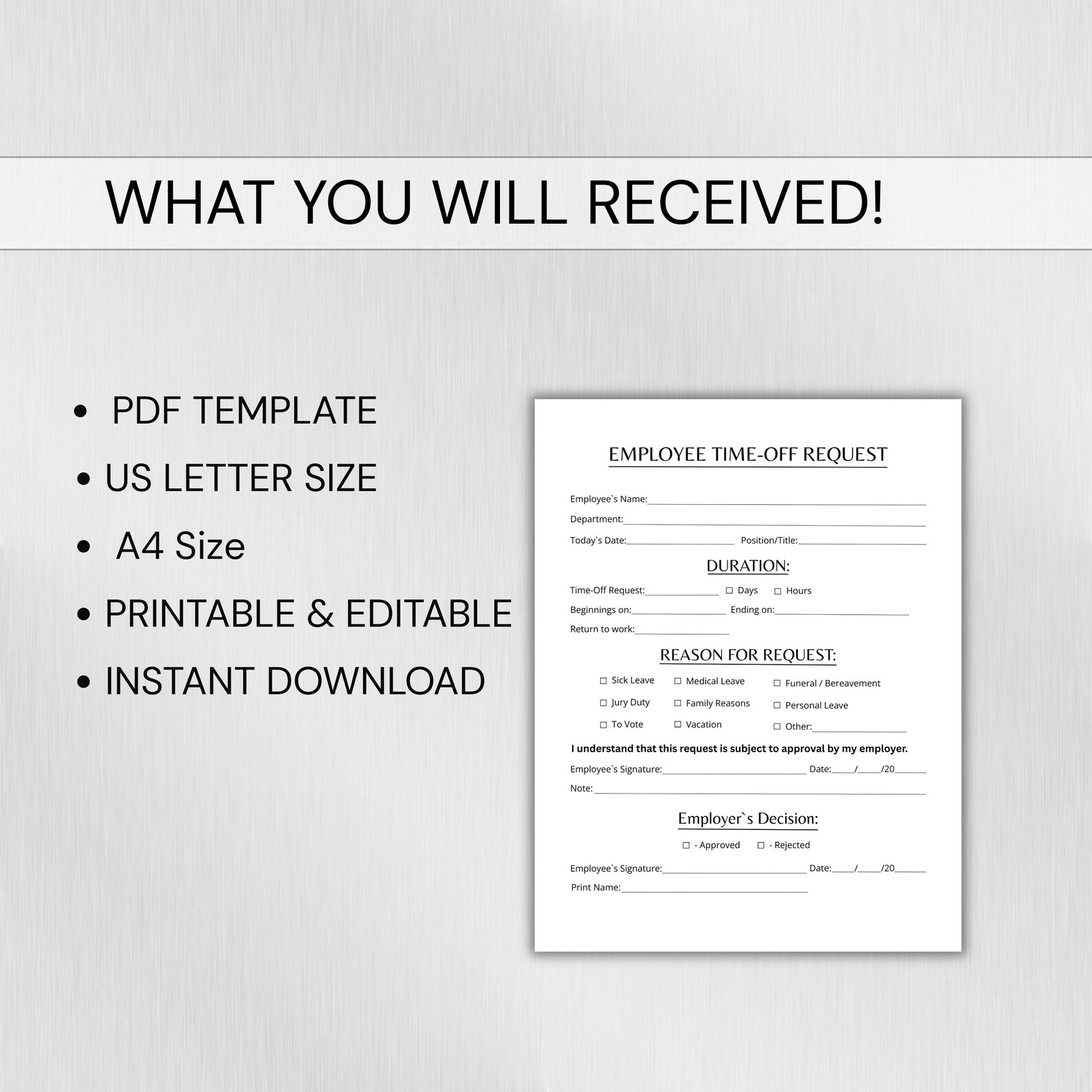 Employee Time Off Sign Employee Time-off Request Template. Editable Vacation Request Form ...