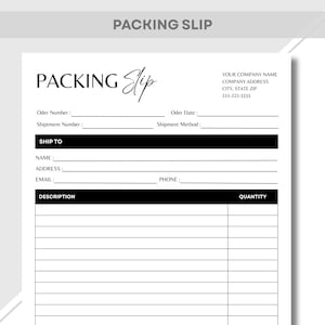 Może przedstawiać: Biały arkusz pakowania z czarnym tekstem. Słowa "PACKING SLIP" znajdują się na górze. Dokument zawiera pola na numer zamówienia, datę, szczegóły wysyłki i informacje o odbiorcy. Znajduje się tu również sekcja opisów i ilości produktów.