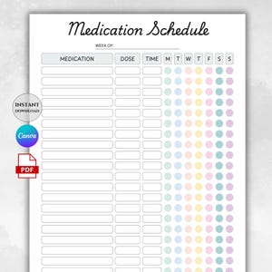 Könnte beinhalten: Ein druckbarer Medikamentenplan mit dem Titel "Medication Schedule" in einer handschriftlichen Schriftart. Der Plan enthält Abschnitte für Medikamente, Dosis und Zeit, mit einem wöchentlichen Tracker mit pastellfarbenen Punkten. Enthält Symbole für "Sofort-Download", "Canva" und "PDF".